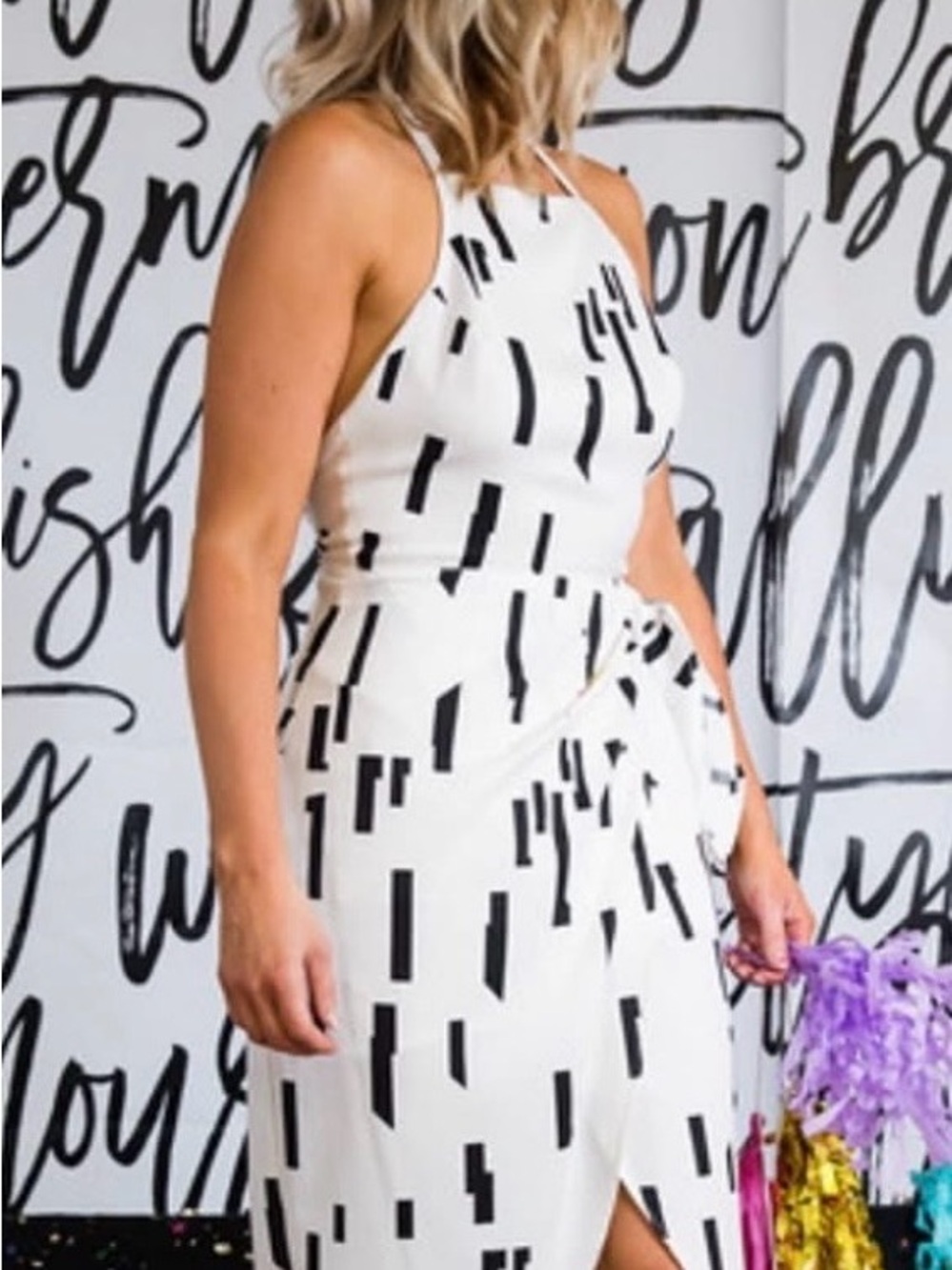 Lush Halter Faux Wrap Mini Dress Size M | Black White Summer Vacation Party